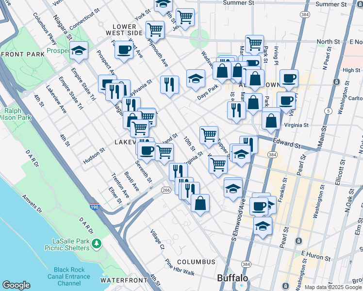 map of restaurants, bars, coffee shops, grocery stores, and more near 185 Whitney Pl in Buffalo