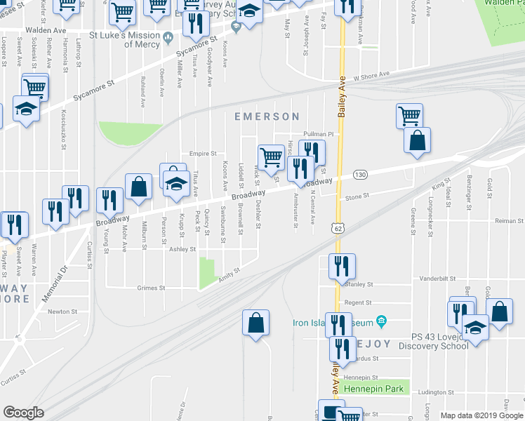 map of restaurants, bars, coffee shops, grocery stores, and more near 80 Deshler Street in Buffalo