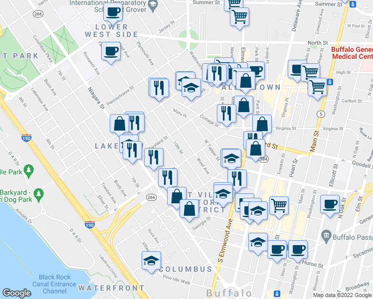map of restaurants, bars, coffee shops, grocery stores, and more near 86 West Avenue in Buffalo