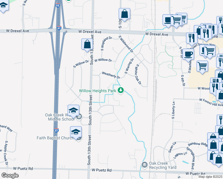 map of restaurants, bars, coffee shops, grocery stores, and more near 8212 South Parkview Court in Oak Creek