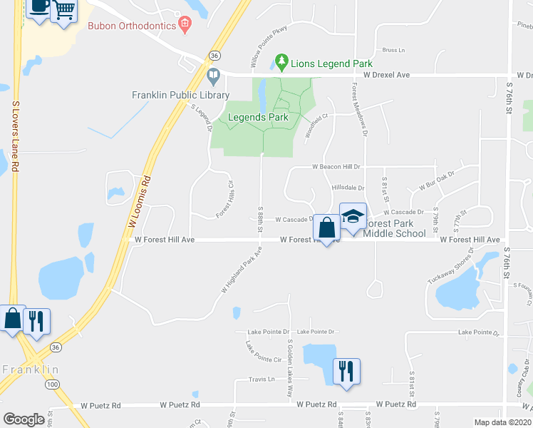 map of restaurants, bars, coffee shops, grocery stores, and more near 8252 South 88th Street in Franklin