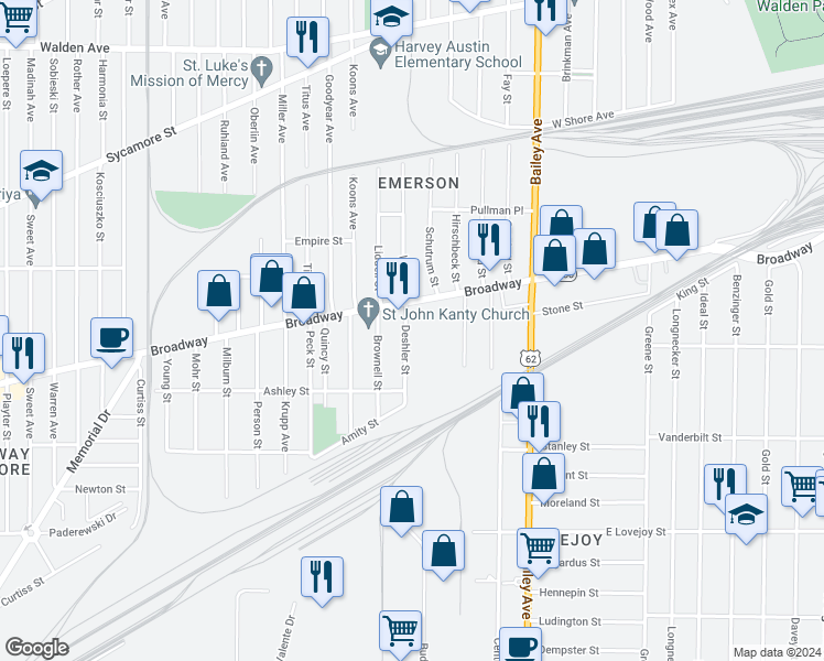 map of restaurants, bars, coffee shops, grocery stores, and more near 77 Deshler Street in Buffalo