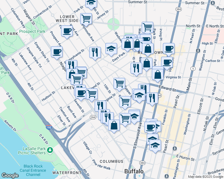 map of restaurants, bars, coffee shops, grocery stores, and more near 86 West Avenue in Buffalo