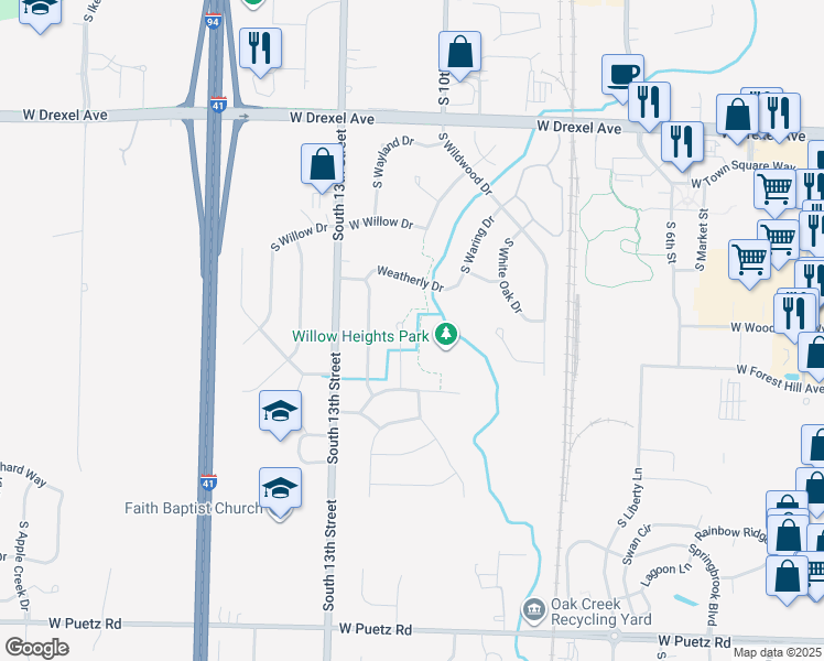 map of restaurants, bars, coffee shops, grocery stores, and more near 8212 South Parkview Court in Oak Creek