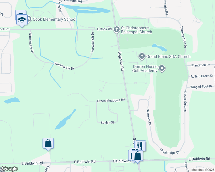map of restaurants, bars, coffee shops, grocery stores, and more near 5190 Warwick Woods Trail in Grand Blanc