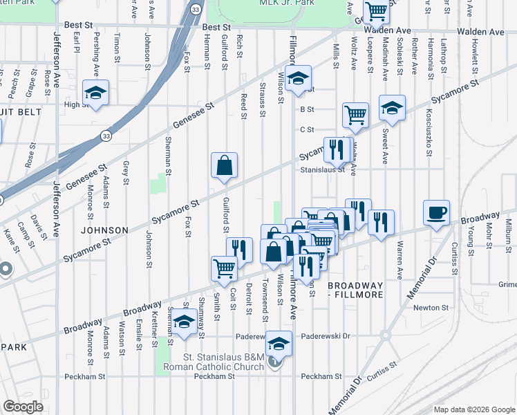 map of restaurants, bars, coffee shops, grocery stores, and more near 102 Strauss Street in Buffalo