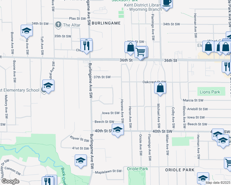 map of restaurants, bars, coffee shops, grocery stores, and more near 3754 Parkland Ave SW in Wyoming