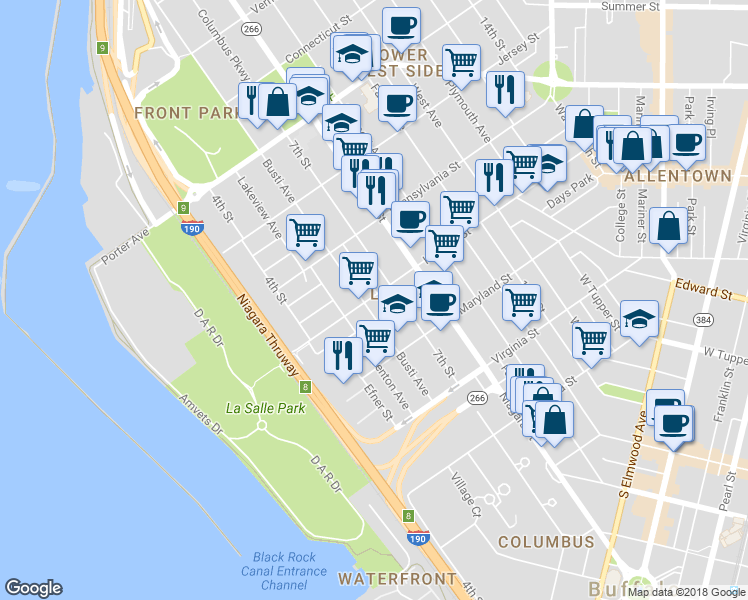 map of restaurants, bars, coffee shops, grocery stores, and more near 107 Hudson Street in Buffalo