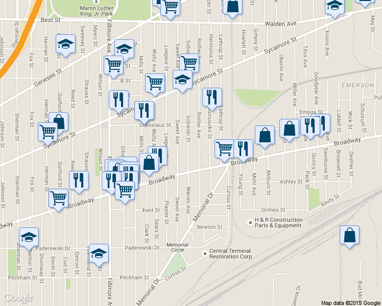 map of restaurants, bars, coffee shops, grocery stores, and more near 41 Sobieski Street in Buffalo