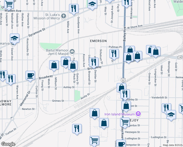 map of restaurants, bars, coffee shops, grocery stores, and more near 95 Brownell Street in Buffalo