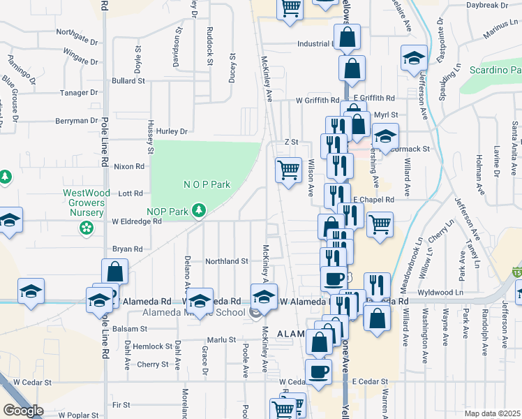 map of restaurants, bars, coffee shops, grocery stores, and more near 1127 McKinley Ave in Pocatello