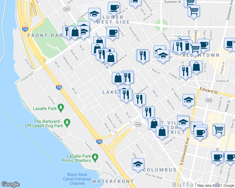 map of restaurants, bars, coffee shops, grocery stores, and more near 430 Niagara Street in Buffalo