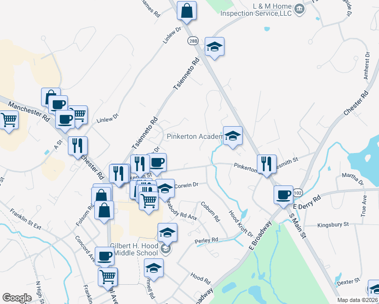 map of restaurants, bars, coffee shops, grocery stores, and more near 3 Fairfax Avenue in Derry