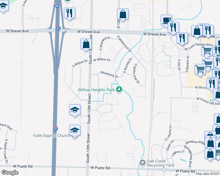 map of restaurants, bars, coffee shops, grocery stores, and more near 8212 South Parkview Court in Oak Creek