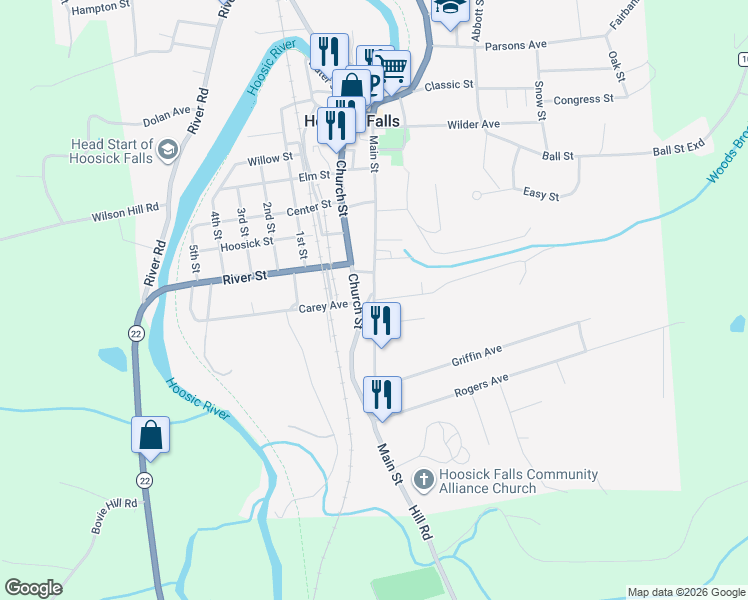 map of restaurants, bars, coffee shops, grocery stores, and more near Main Street in Hoosick Falls