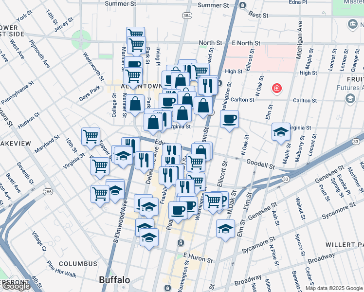 map of restaurants, bars, coffee shops, grocery stores, and more near 41 Edward Street in Buffalo