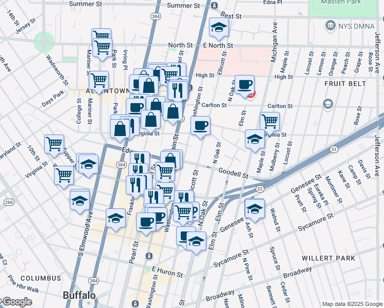 map of restaurants, bars, coffee shops, grocery stores, and more near 791 Washington Street in Buffalo