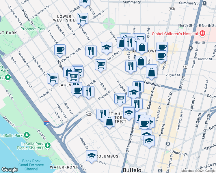 map of restaurants, bars, coffee shops, grocery stores, and more near 86 West Avenue in Buffalo