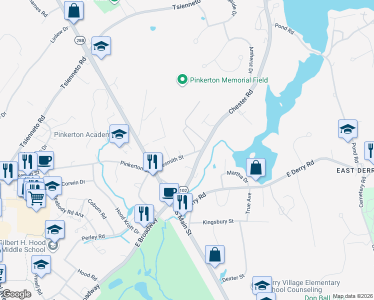 map of restaurants, bars, coffee shops, grocery stores, and more near 1 Silvestri Circle in Derry