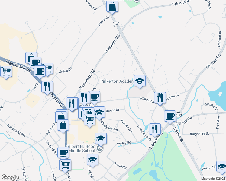 map of restaurants, bars, coffee shops, grocery stores, and more near 3 Fairfax Avenue in Derry