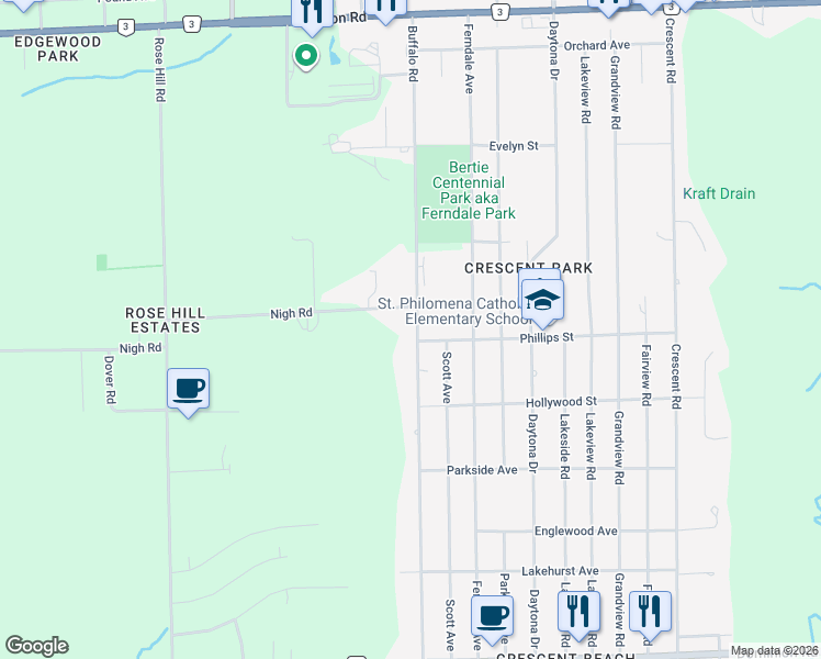 map of restaurants, bars, coffee shops, grocery stores, and more near 725 Buffalo Road in Fort Erie