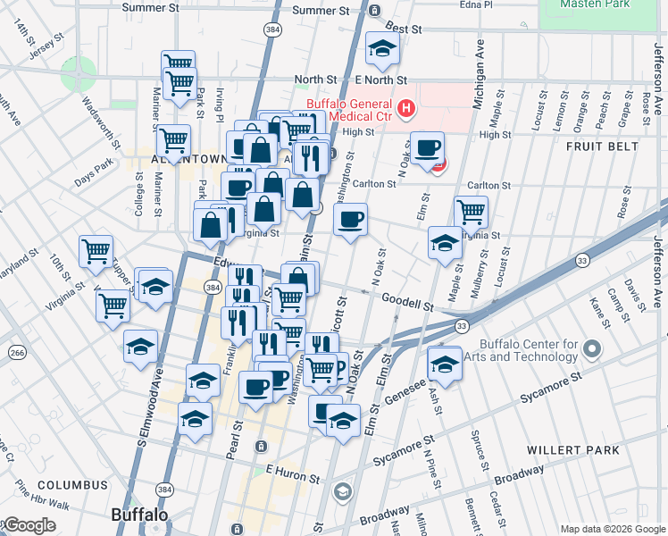 map of restaurants, bars, coffee shops, grocery stores, and more near 628 Ellicott Street in Buffalo