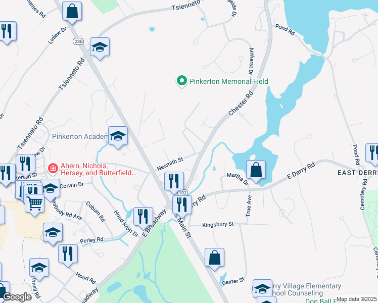 map of restaurants, bars, coffee shops, grocery stores, and more near 1 Silvestri Circle in Derry
