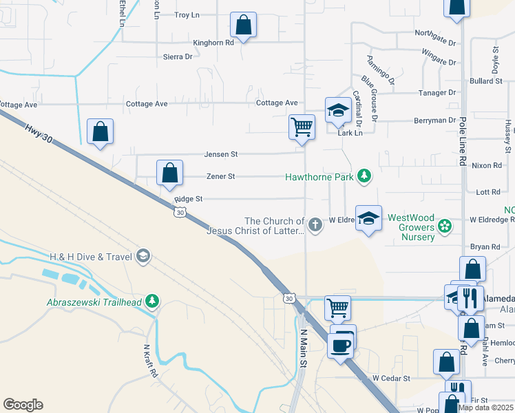 map of restaurants, bars, coffee shops, grocery stores, and more near 1315 Ridge St in Pocatello
