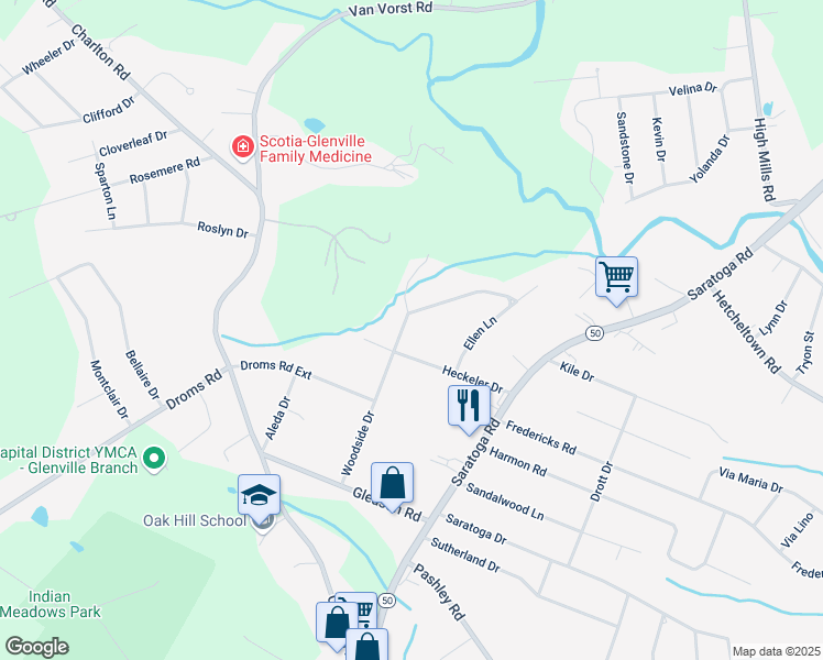 map of restaurants, bars, coffee shops, grocery stores, and more near 32 Woodside Drive in Schenectady