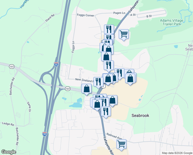 map of restaurants, bars, coffee shops, grocery stores, and more near 18 New Zealand Road in Seabrook
