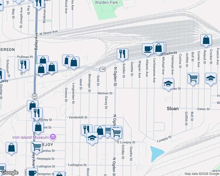 map of restaurants, bars, coffee shops, grocery stores, and more near 182 Reiman Street in Buffalo