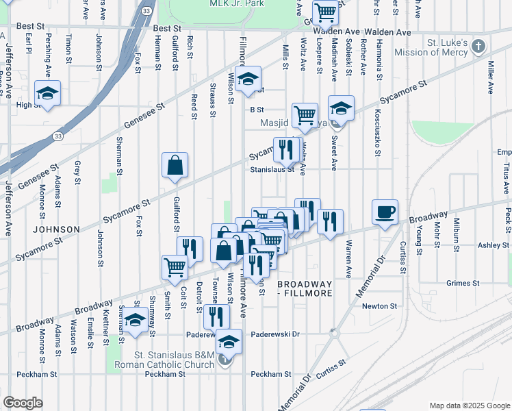 map of restaurants, bars, coffee shops, grocery stores, and more near 360 Gibson Street in Buffalo