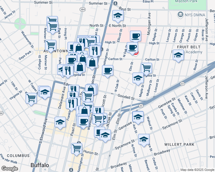 map of restaurants, bars, coffee shops, grocery stores, and more near 589 Ellicott Street in Buffalo