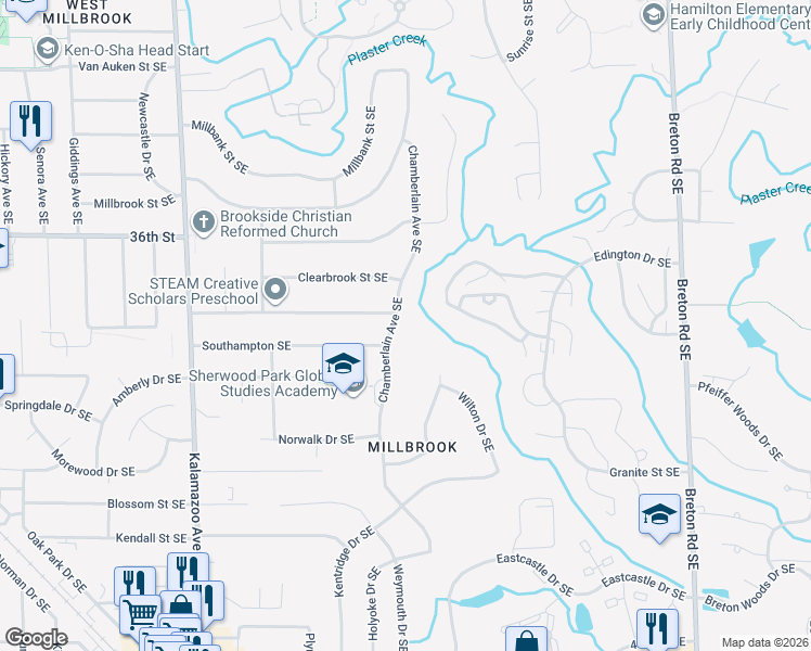 map of restaurants, bars, coffee shops, grocery stores, and more near 3736 Chamberlain Avenue Southeast in Grand Rapids