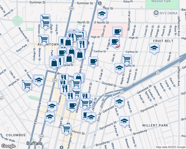 map of restaurants, bars, coffee shops, grocery stores, and more near Ellicott Street in Buffalo
