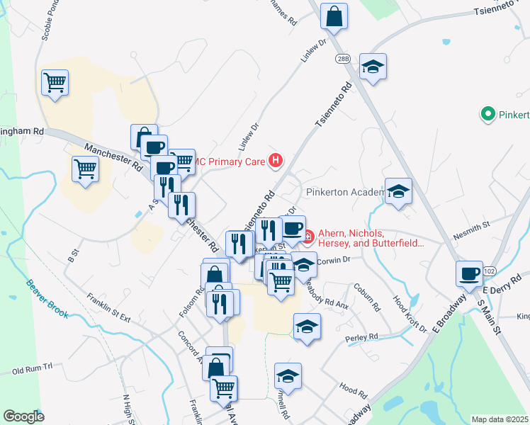 map of restaurants, bars, coffee shops, grocery stores, and more near 3 Tsienneto Road in Derry