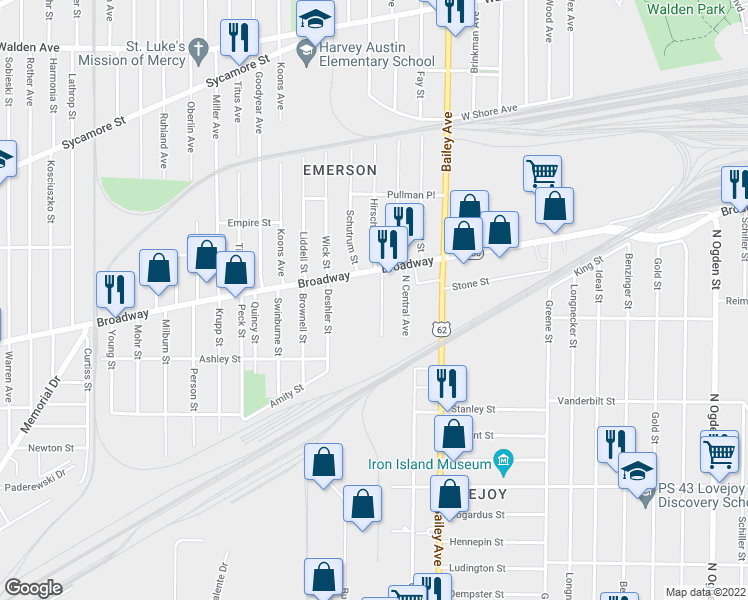 map of restaurants, bars, coffee shops, grocery stores, and more near 86 Armbruster Street in Buffalo