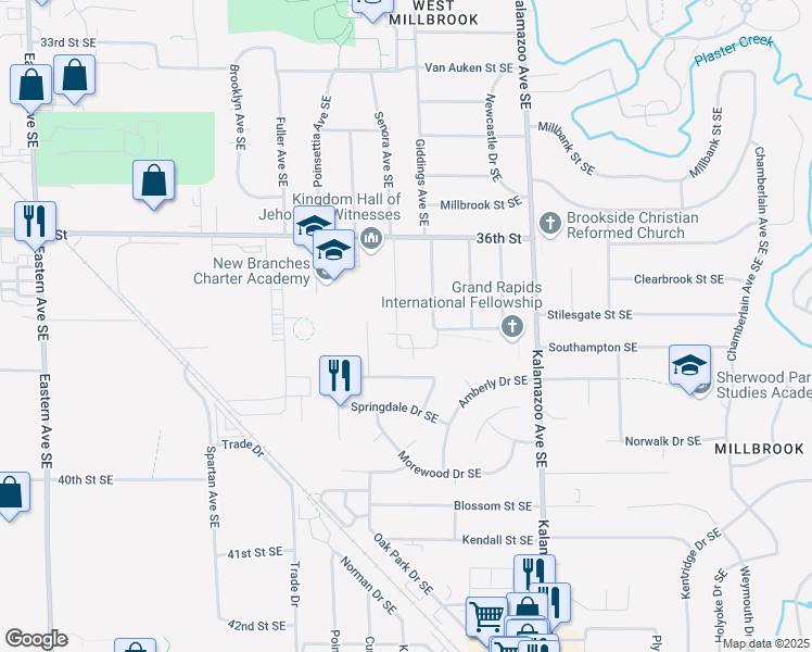 map of restaurants, bars, coffee shops, grocery stores, and more near 3744 Senora Avenue Southeast in Grand Rapids