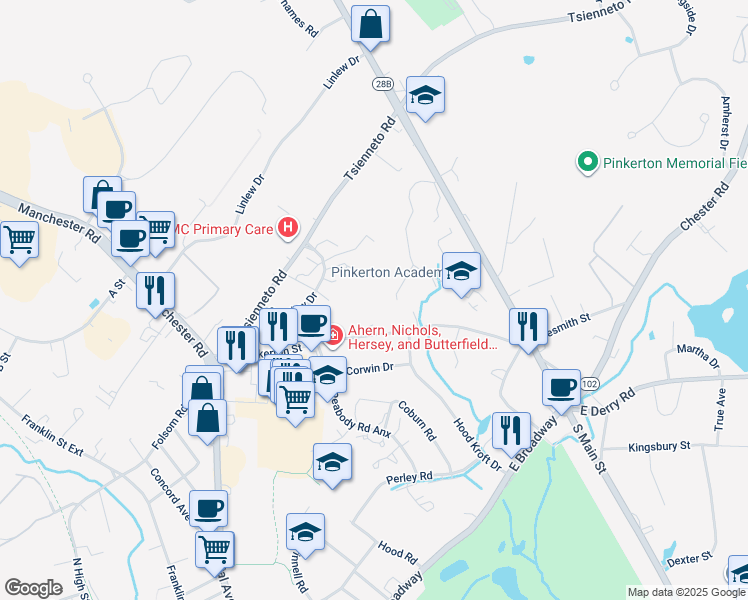 map of restaurants, bars, coffee shops, grocery stores, and more near 3 Fairfax Avenue in Derry
