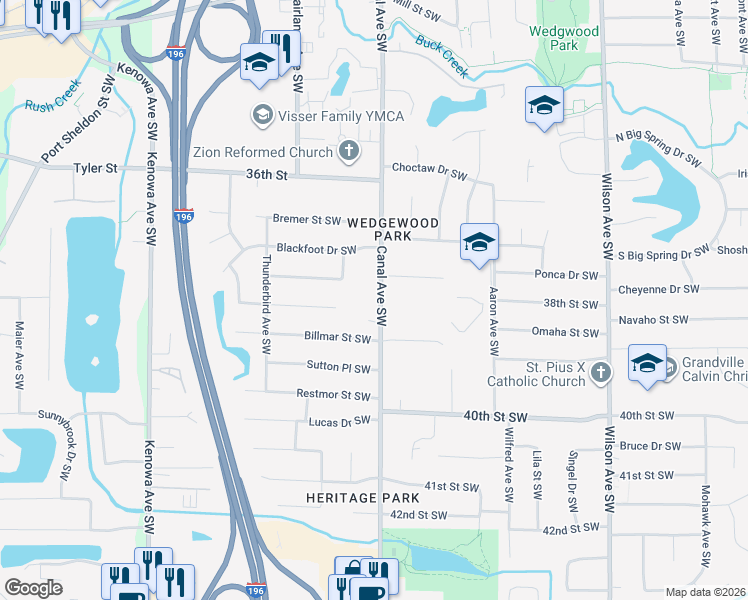 map of restaurants, bars, coffee shops, grocery stores, and more near 3811 Canal Avenue Southwest in Grandville