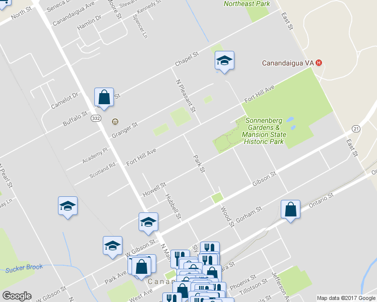 map of restaurants, bars, coffee shops, grocery stores, and more near 190 Park Street in Canandaigua