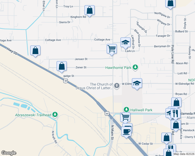 map of restaurants, bars, coffee shops, grocery stores, and more near 1315 Ridge Street in Pocatello