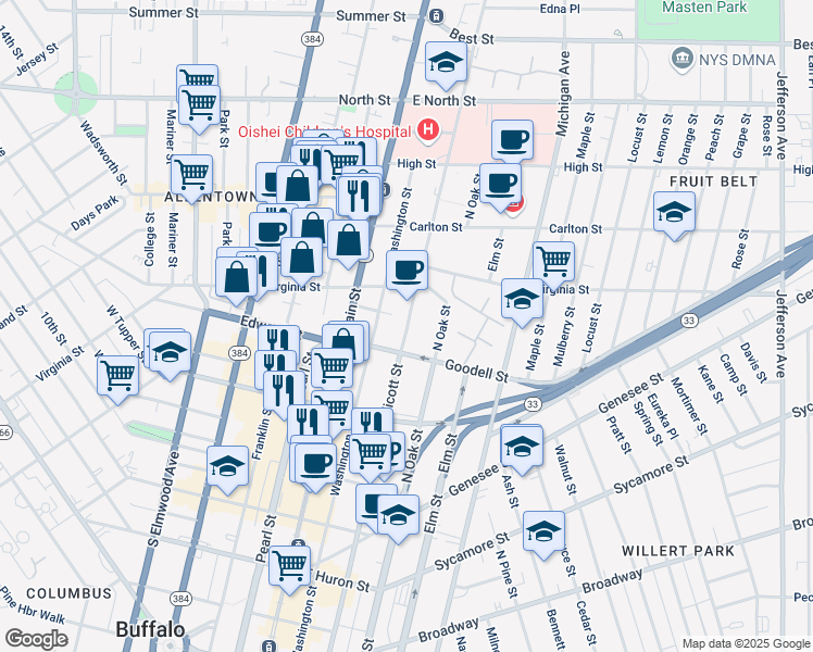 map of restaurants, bars, coffee shops, grocery stores, and more near 640 Ellicott Street in Buffalo