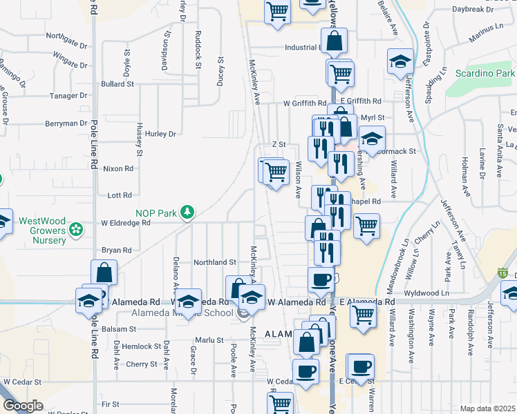 map of restaurants, bars, coffee shops, grocery stores, and more near 1127 McKinley Avenue in Pocatello