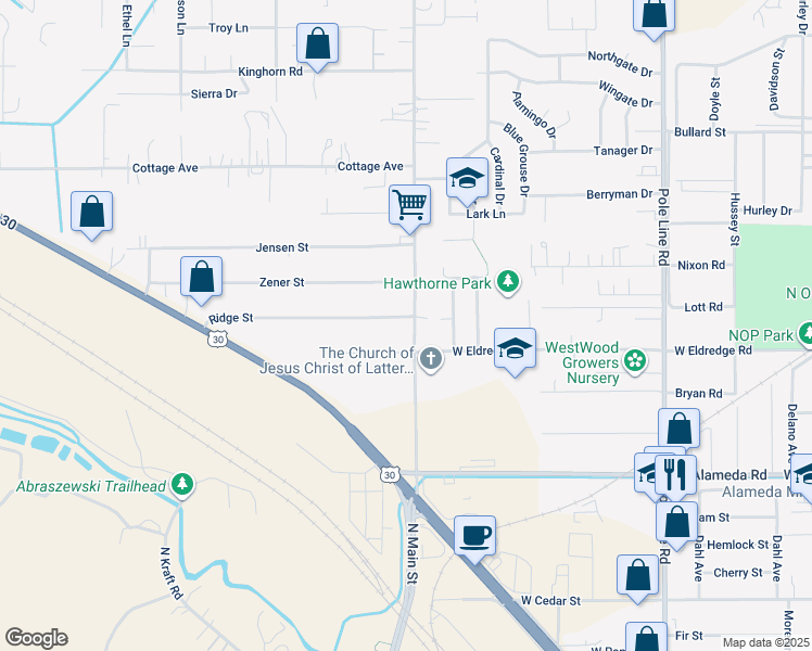 map of restaurants, bars, coffee shops, grocery stores, and more near 3516 Hawthorne Road in Pocatello