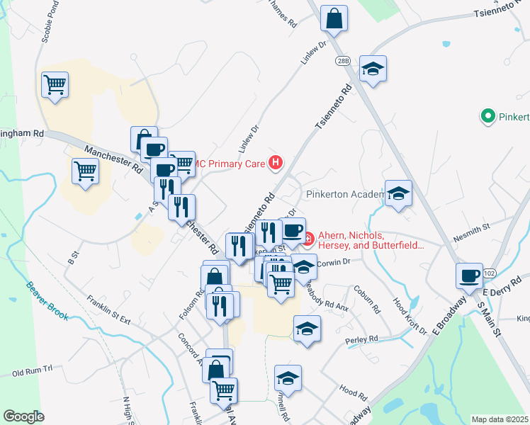 map of restaurants, bars, coffee shops, grocery stores, and more near 3 Tsienneto Road in Derry