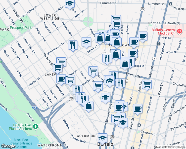 map of restaurants, bars, coffee shops, grocery stores, and more near 299 Virginia Street in Buffalo