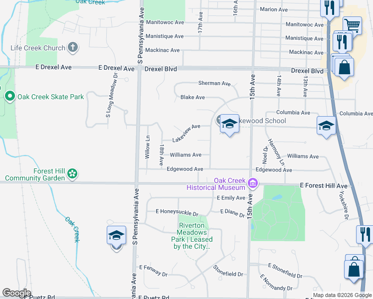 map of restaurants, bars, coffee shops, grocery stores, and more near 1712 Williams Avenue in South Milwaukee
