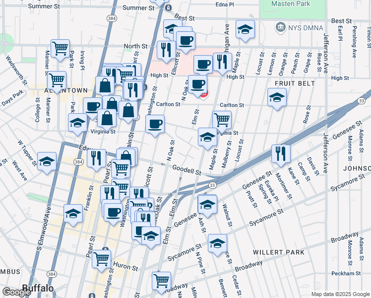 map of restaurants, bars, coffee shops, grocery stores, and more near 172 Goodell Street in Buffalo