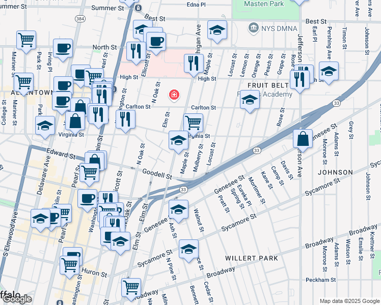 map of restaurants, bars, coffee shops, grocery stores, and more near 73 Mulberry Street in Buffalo